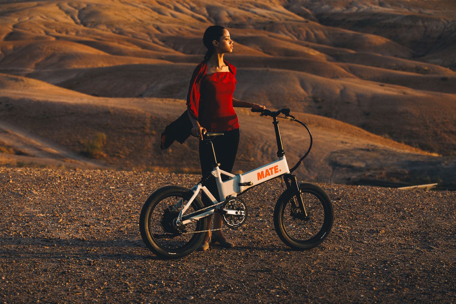 砂漠に佇む白いMATEの折りたたみ e-BIKE